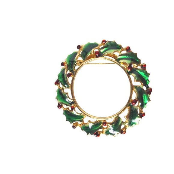 Vintage Christmas Gold Tone Wreath Brooch Pin Jewelry - Picture 1 of 3